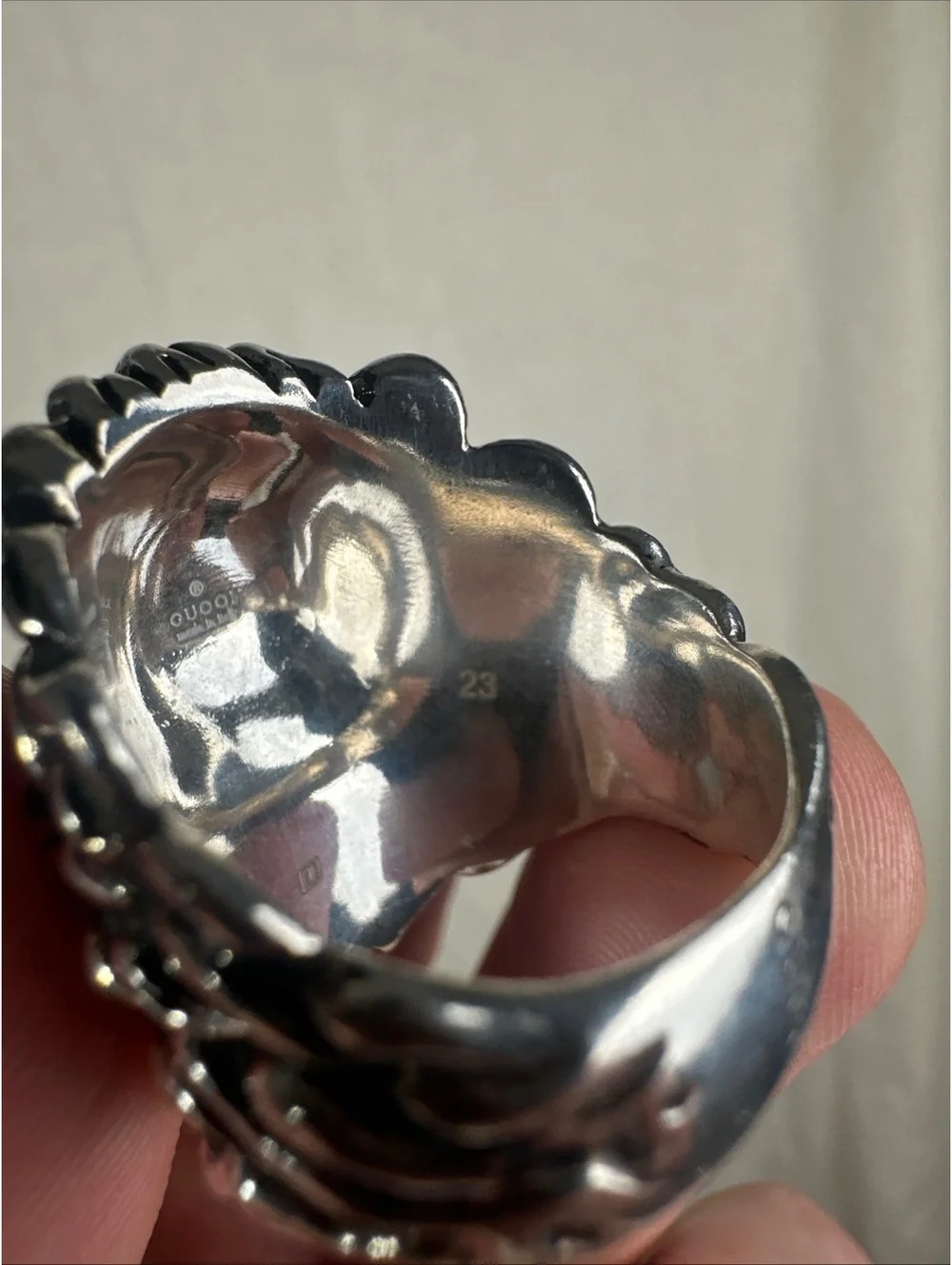 GUCCI Lion Head Ring Black Silver Tone Sz 23 Made in Italy